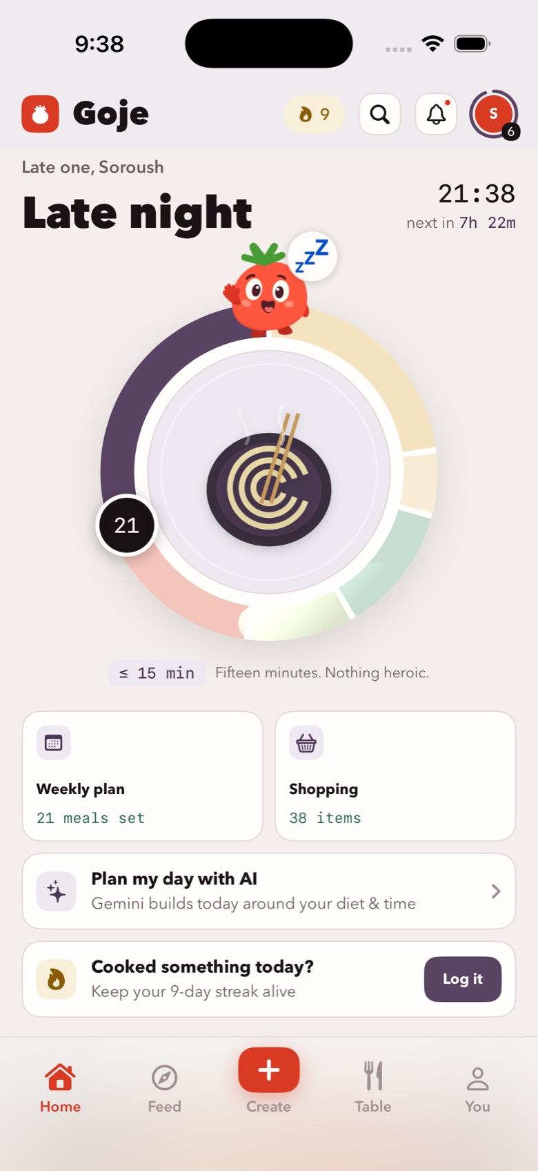 Goje's home screen at 21:38 in the late-night band, with a Plan my day with AI card sitting under the weekly plan and shopping tiles.