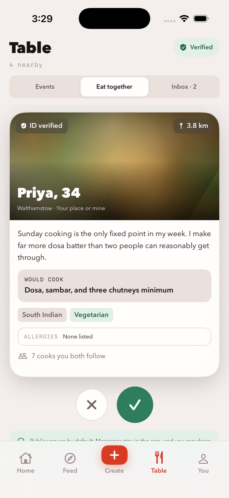 Goje's Eat together deck: Priya, 34, ID verified and 3.8 km away in Walthamstow, who would cook dosa, sambar and three chutneys, with pass and match buttons.
