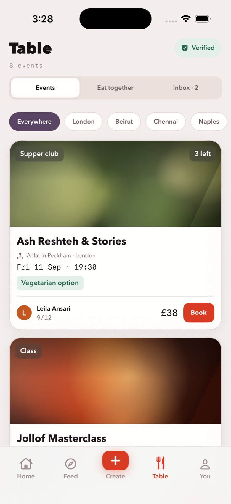 Goje's Table events: city filters for London, Beirut, Chennai and Naples, and a supper club called Ash Reshteh and Stories in a flat in Peckham, Friday 11 September at 19:30, £38 with 3 seats left.