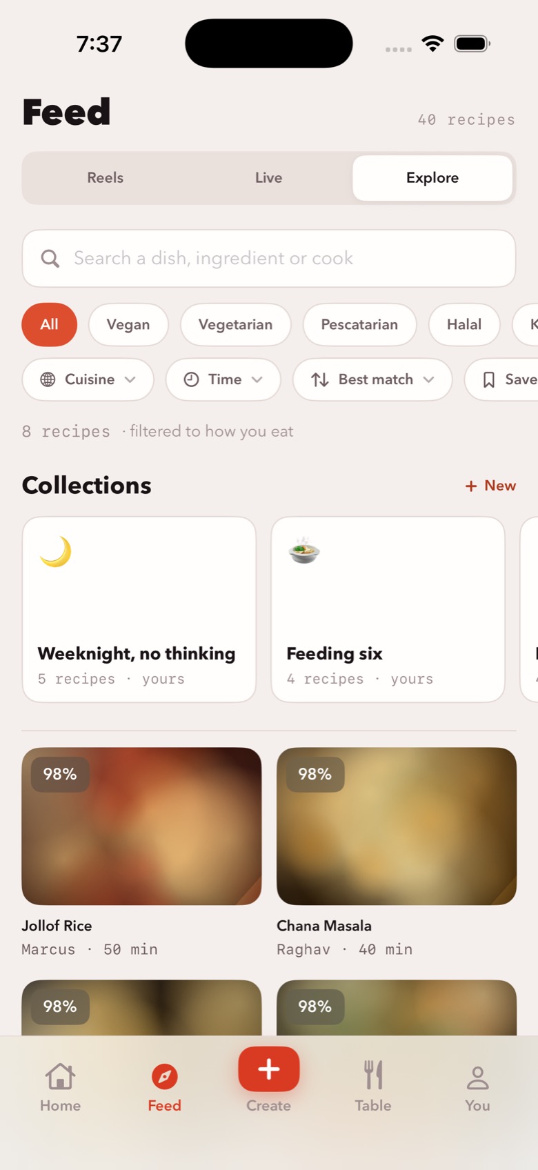 Goje's Explore tab: a search bar, diet filters, cuisine, time and best-match sorting, 8 of 40 recipes filtered to how you eat, and collections such as Weeknight, no thinking and Feeding six.