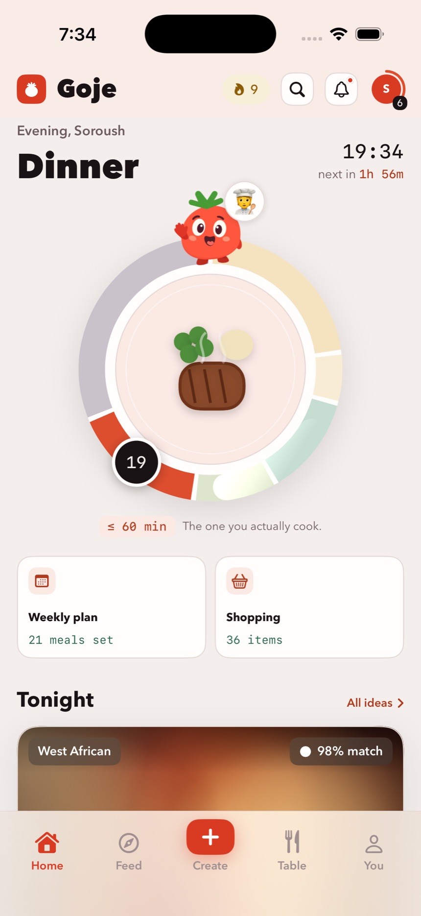 Goje's home screen at 19:34. The Dinner band is active: a steak-and-greens plate sits on the meal clock, with up to 60 minutes to cook, the weekly plan and shopping list below, and tonight's West African pick at a 98% match.