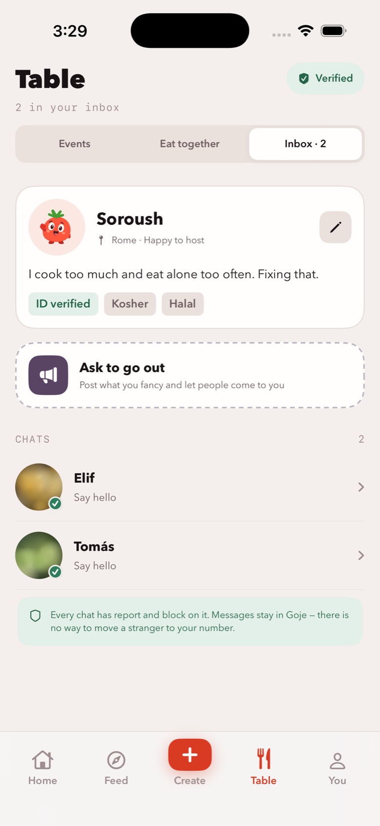 Goje's Table inbox: your diner profile, an Ask to go out card, two chats, and a note that every chat has report and block and messages stay in Goje.