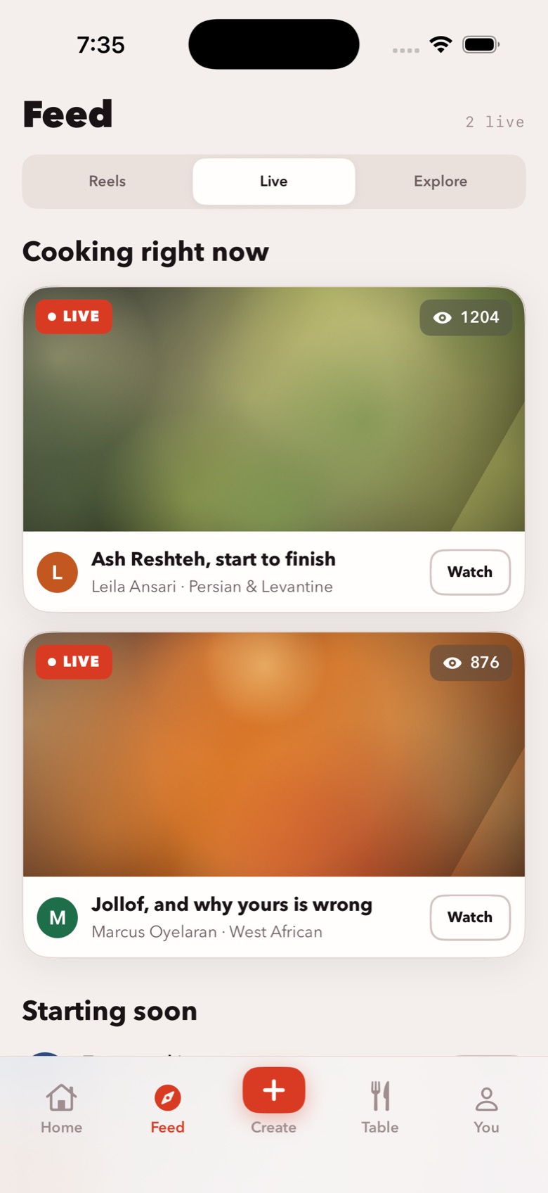 Goje's Live tab, Cooking right now: Leila Ansari's Ash Reshteh, start to finish, and Marcus Oyelaran's Jollof, and why yours is wrong, each with a Watch button.