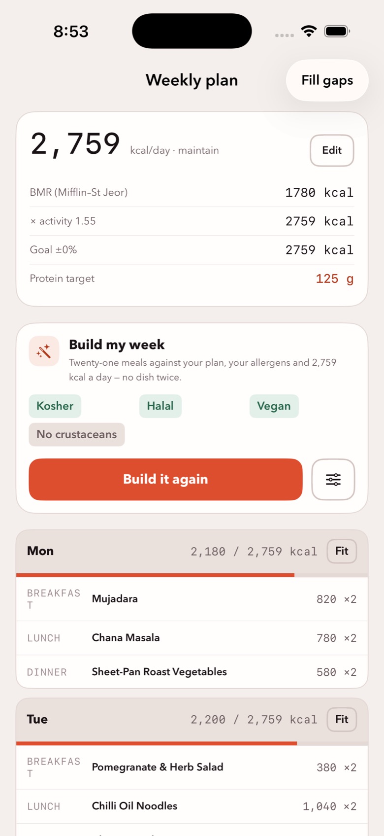 Goje's weekly plan: a 2,759 kcal-a-day target worked out from the Mifflin–St Jeor equation, a Build my week card respecting kosher, halal, vegan and no-crustaceans filters, and Monday and Tuesday filled with breakfast, lunch and dinner.