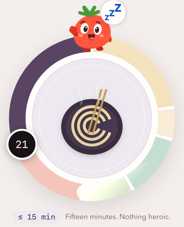 Goje's meal clock at 21:38: the late-night band is lit, a noodle bowl with chopsticks sits on the plate, the mascot is dozing, and the limit reads up to 15 minutes — fifteen minutes, nothing heroic.