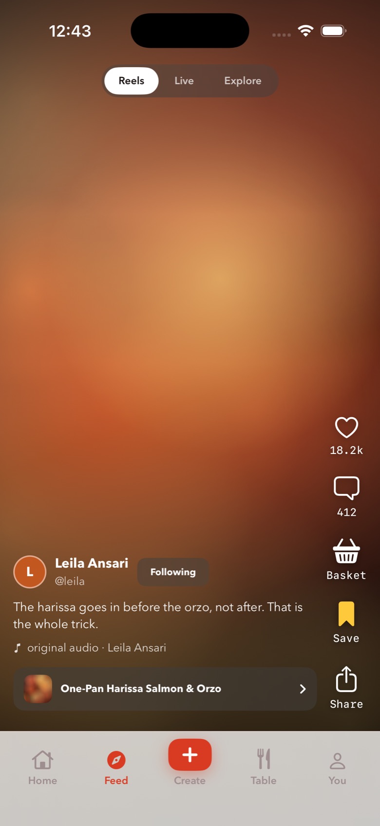 A Goje reel from Leila Ansari: “The harissa goes in before the orzo, not after.” Her One-Pan Harissa Salmon and Orzo recipe is attached underneath, beside like, comment, Basket, Save and Share buttons.