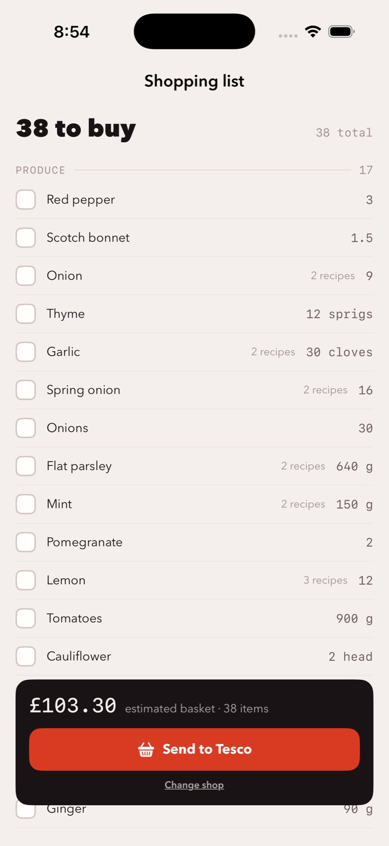 Goje's shopping list: 38 items to buy, grouped by aisle starting with produce, items used in more than one recipe marked as such, and a £103.30 estimated basket with a Send to Tesco button.